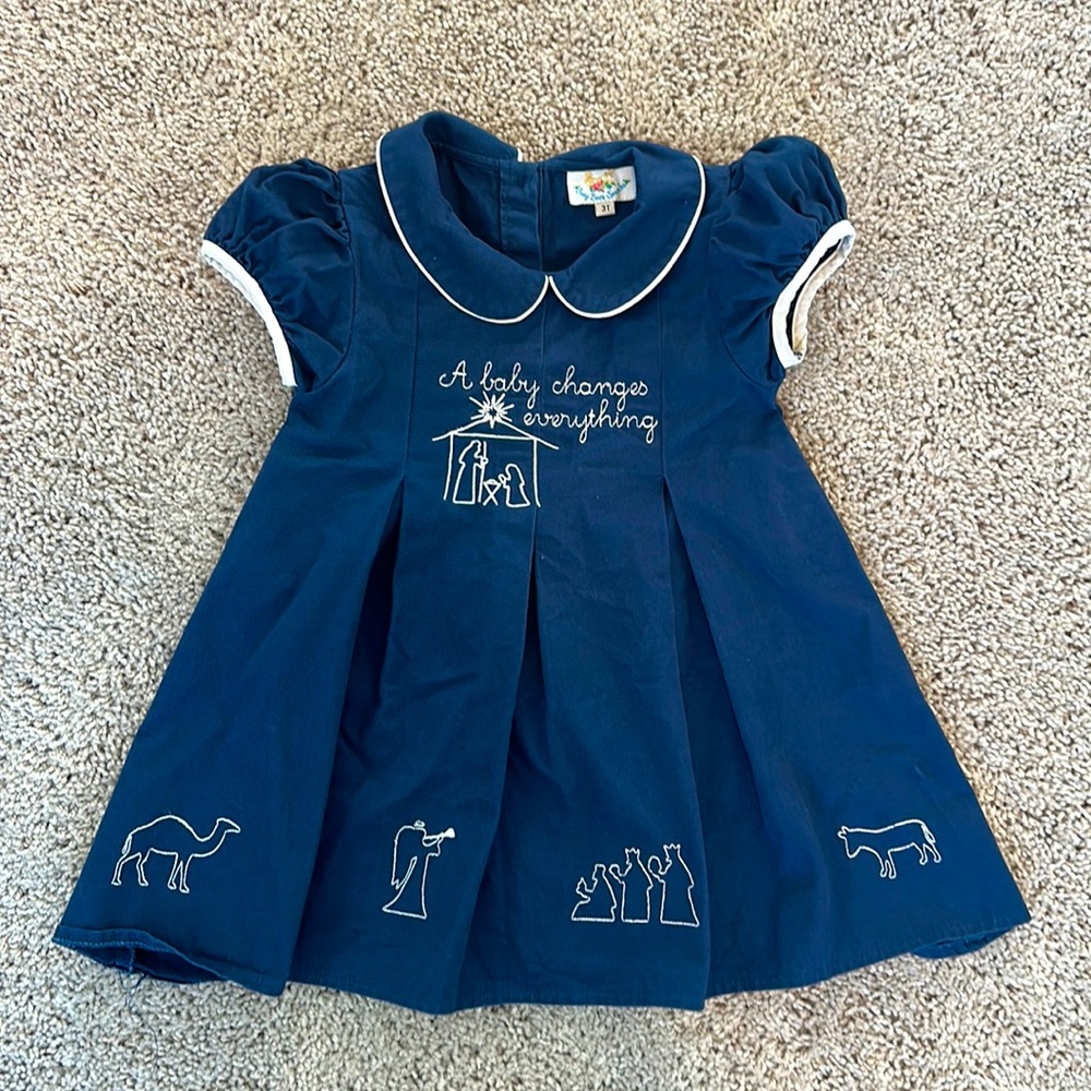 Busy Bee Smocks “A Baby Changes Everything” Navy Girls Christmas Dress